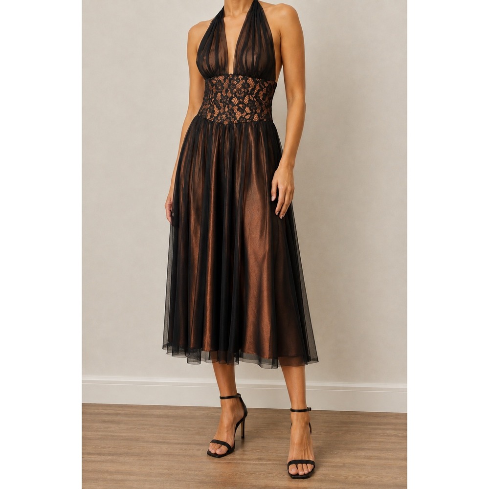 VTG Y2K Lace Halter Midi Dress XS Corset‎ Waist Open Back Whimsigoth Prom Mesh
